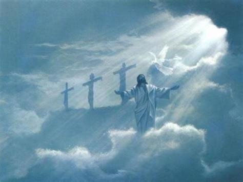 Jesus in the clouds near three crosses
